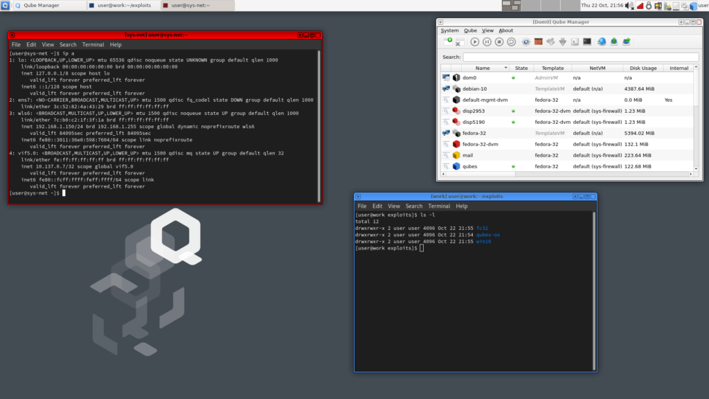 Qubes OS Security - "Tela de segurança do Qubes OS, distribuição baseada em Fedora"