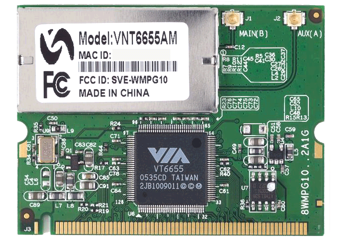 Placa de rede sem fio modelo VNT6655AM com chipset VIA VT6655, usada para conectividade WiFi em dispositivos mais antigos