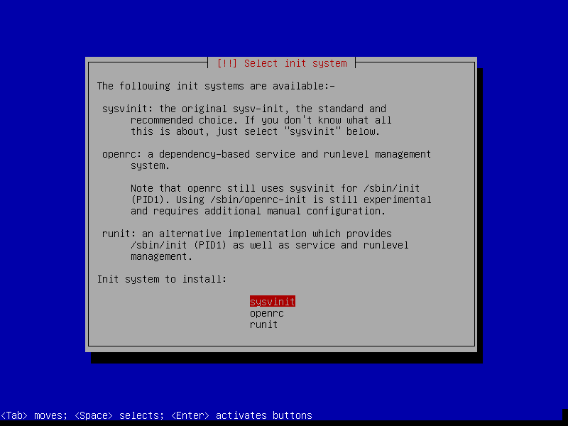 Tela de seleção de sistema de inicialização no instalador de Linux, com as opções sysvinit, openrc e runit. O sysvinit está selecionado como a escolha padrão recomendada.