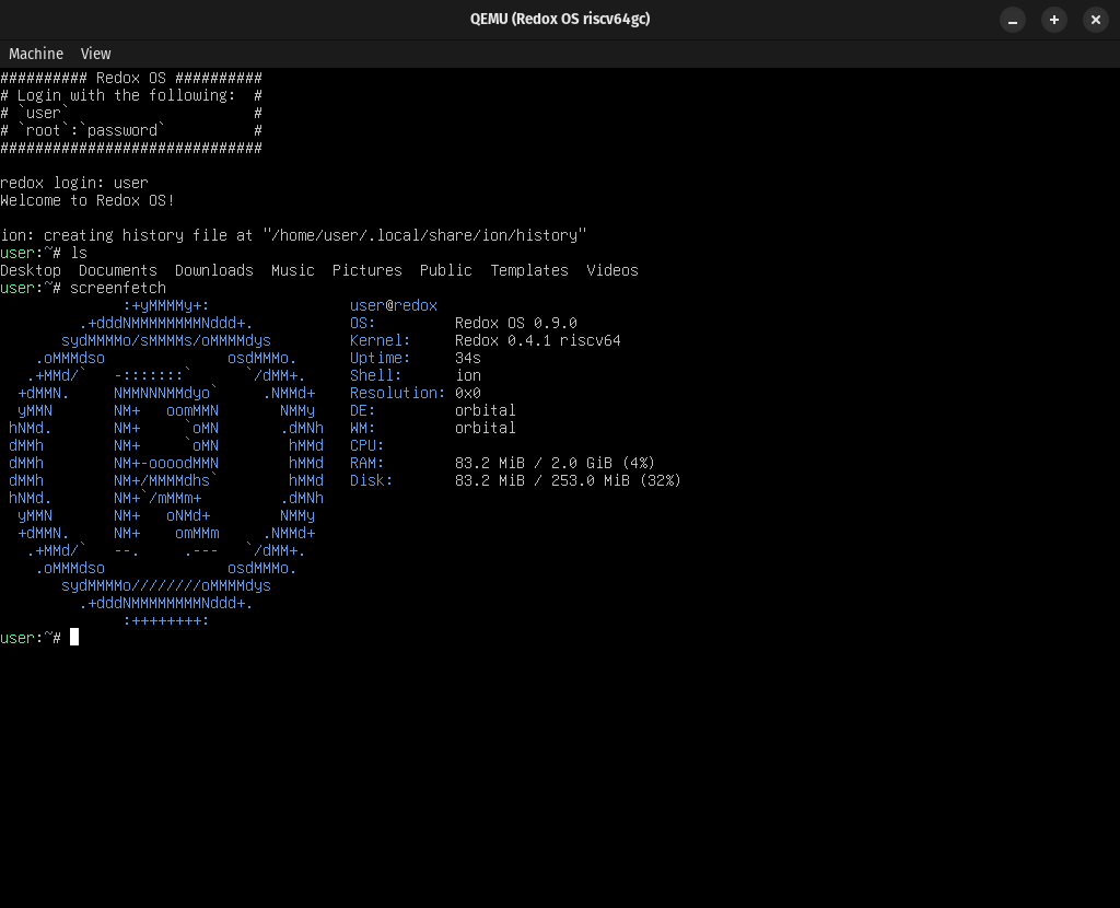 Terminal do Redox OS em execução no emulador QEMU, mostrando informações do sistema, incluindo versão do OS (0.9.0), kernel (0.4.1 riscv64), shell Ion, desktop Orbital, e uso de memória e disco. Exibe um logotipo ASCII do Redox no terminal.