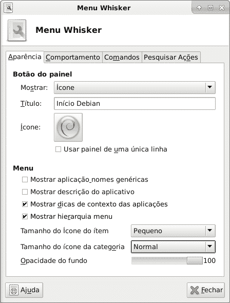 Configuração do whisker menu aparência