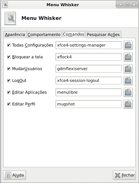 Configuração do menu whisker comandos