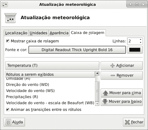 Configuração da atualização meteorológica caixa de rolagem