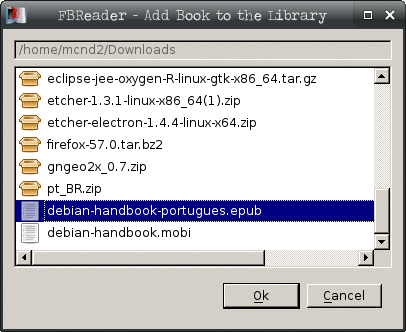Instalar leitor de e-books no Debian - FBReader adicionar arquivo