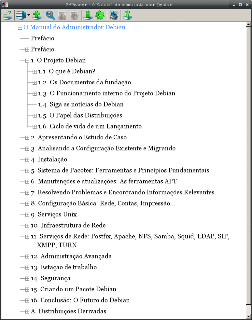 Instalar leitor de e-books no Debian - FBReader índice do e-book