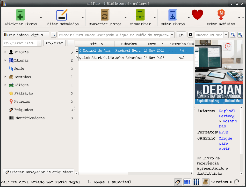 Instalar leitor de e-books no Debian - Calibre adicionado e-book