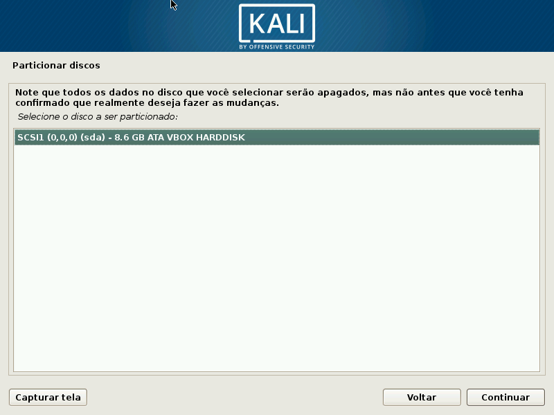 Kali Linux - Selecione o disco a ser instalado