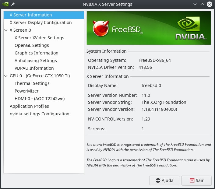 Resolvendo Bug da Nvidia no console do FreeBSD - Nvidia-Settings no KDE com o bug resolvido.