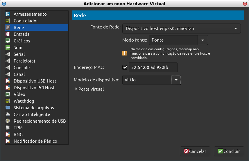 Adicionar Interface Rede - Criar VM e Instalar o Windows 10 no Virt-Manager