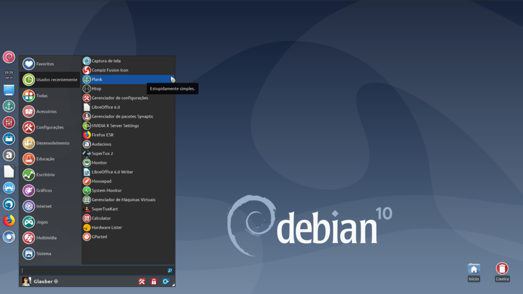 Plank no Debian 10 – Instalação e Configuração: Desktop com o Whisker Menu no Plank
