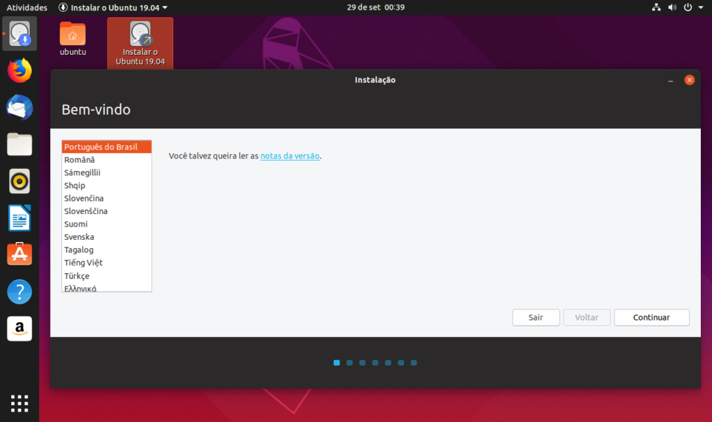 Como Instalar o Sistema Linux Ubuntu - Escolher o idioma do sistema a ser instalado