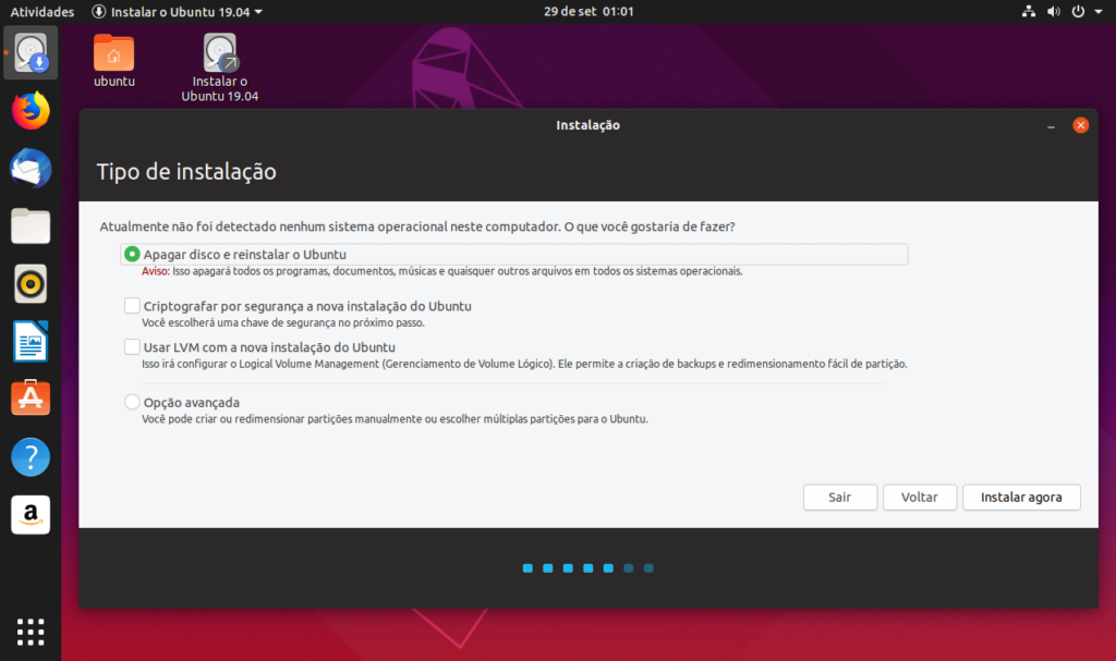 Como Instalar o Sistema Linux Ubuntu - Tipo de instalação