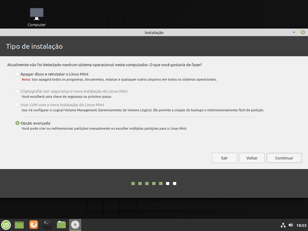 Como instalar o Linux Mint 19.3 "Tricia" - Tipo de instalação
