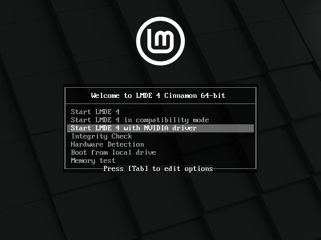 Linux Mint Debian 4 adiciona a opção "Boot With NVIDIA"
