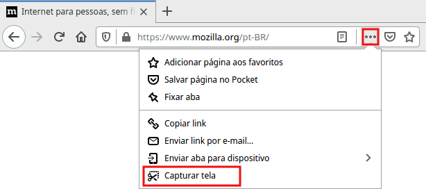 Demonstração de como acessar o recurso de captura de tela no Firefox. Menu Opções ao lado do campo de URL, capturar tela