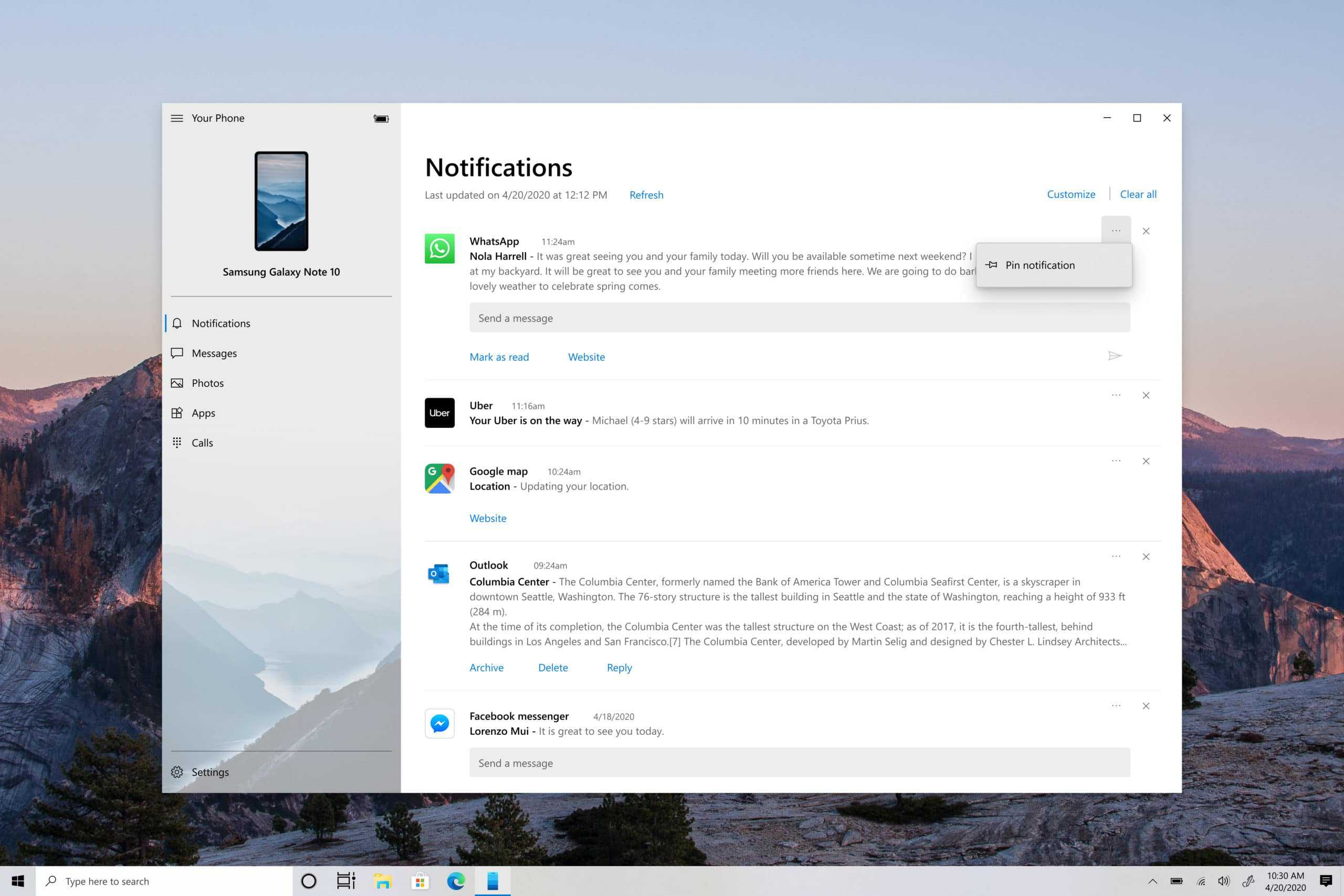 Agora você pode fixar notificações do Android no aplicativo Seu Telefone do Windows 10