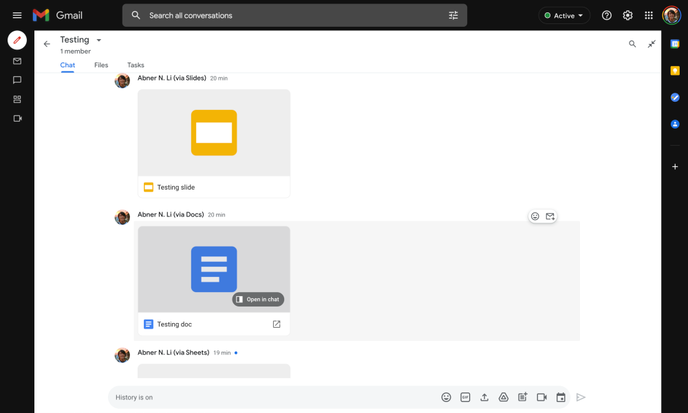 Novo Gmail adicionando suporte para edição de Apresentações Google com chat lado a lado