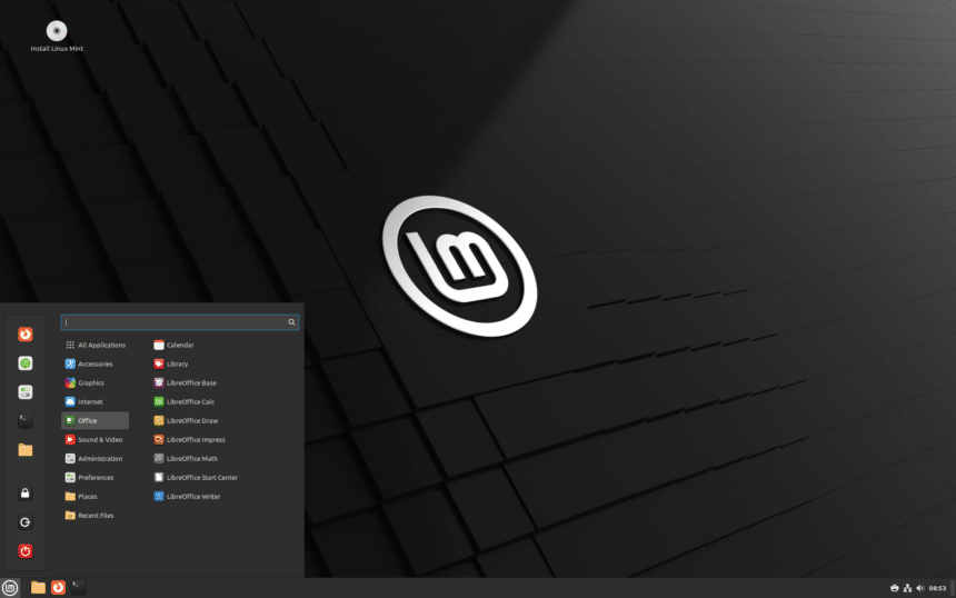 Imagem do Linux Mint LMDE 6 32 bits, com o logotipo do Linux Mint em destaque na tela.