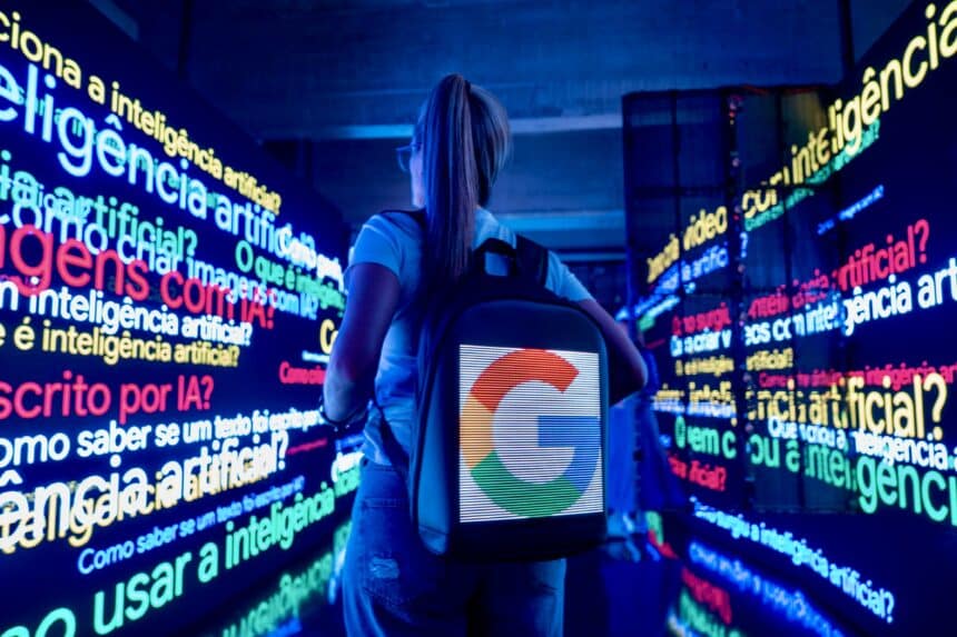uma mulher em um espaço com telas carregando uma bola com a logo do Google