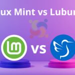 imagem com a logo do Linux Mint a esqueda e a logo do Lubuntu a direita. Com fundo degradê roxo.