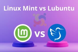 imagem com a logo do Linux Mint a esqueda e a logo do Lubuntu a direita. Com fundo degradê roxo.