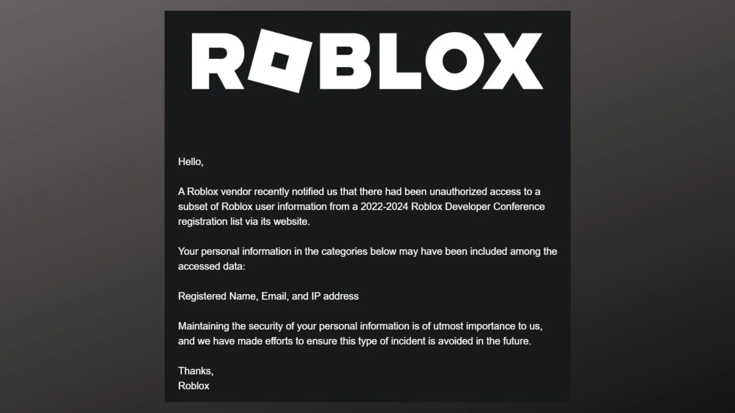 Imagem com comunicado da Roblox sobre violação de dados, com fundo preto