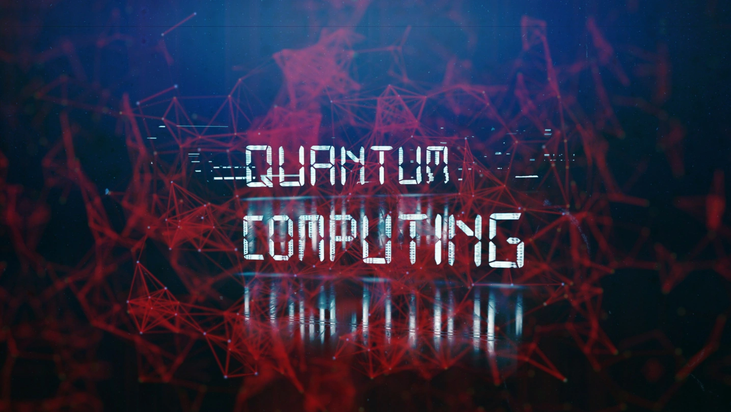 Imagem abstrata de computação quântica com linhas vermelhas e texto 'Quantum Computing' em destaque no centro.