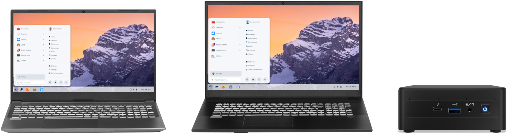 Três laptops exibindo diferentes aspectos do Zorin OS 17.2 com configurações personalizadas de desktop e aplicações abertas.