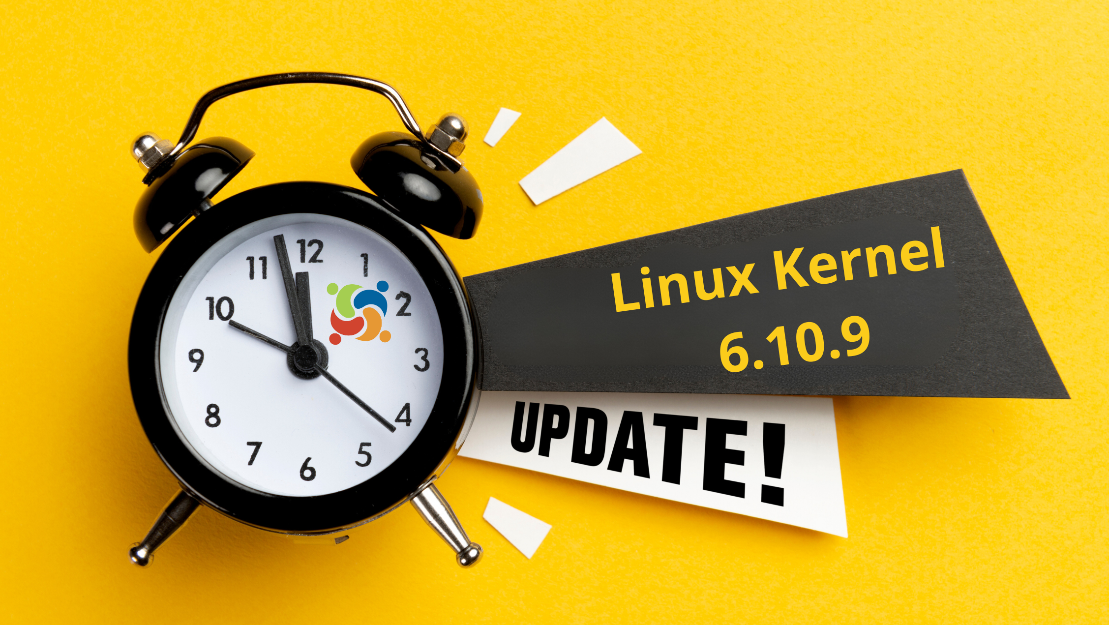 Relógio analógico com ícones coloridos, destacando a atualização do Linux Kernel 6.10.9 em fundo amarelo