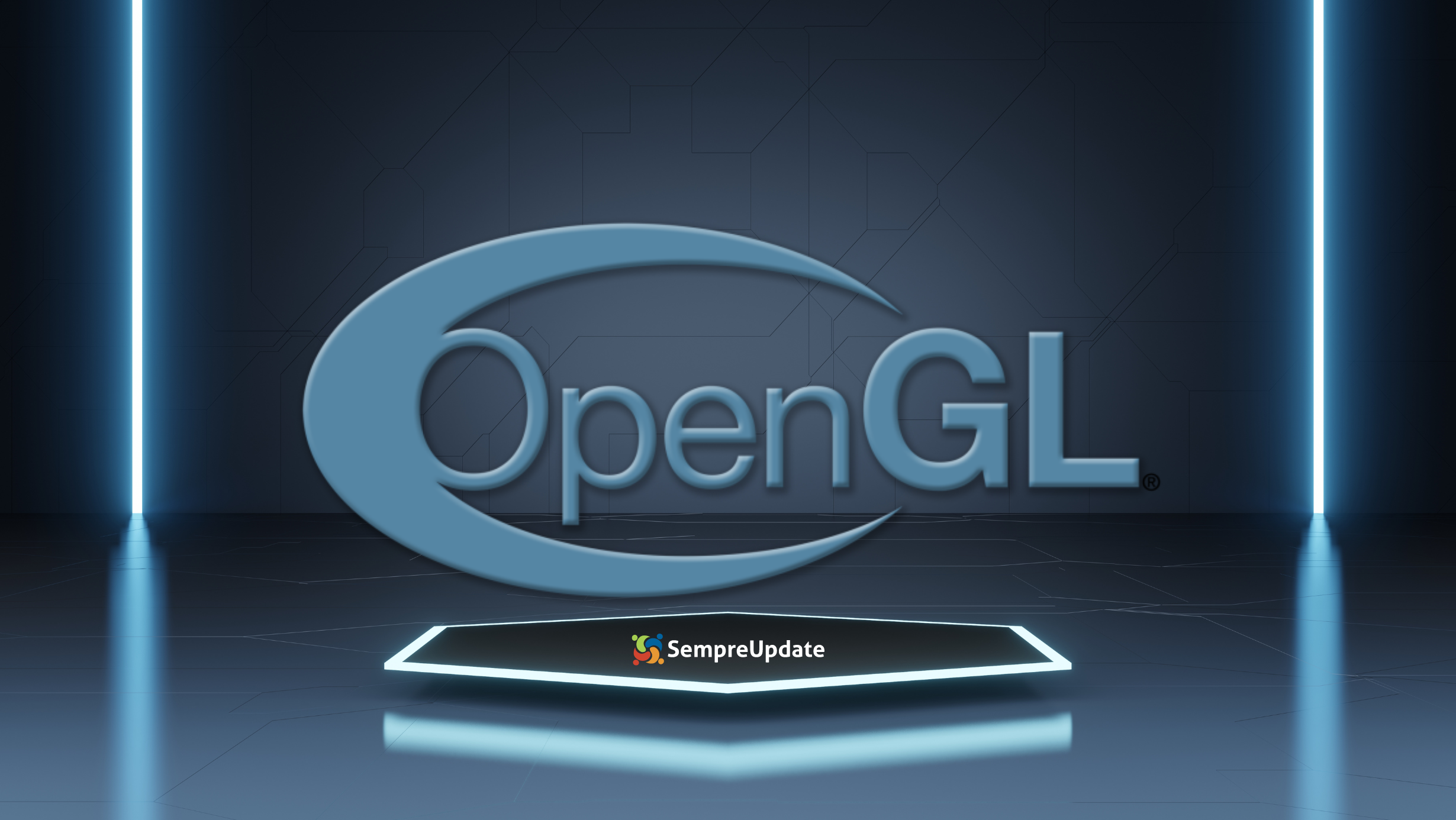 Logotipo do OpenGL em um ambiente tecnológico com fundo escuro e iluminação neon, apresentado pelo site SempreUpdate