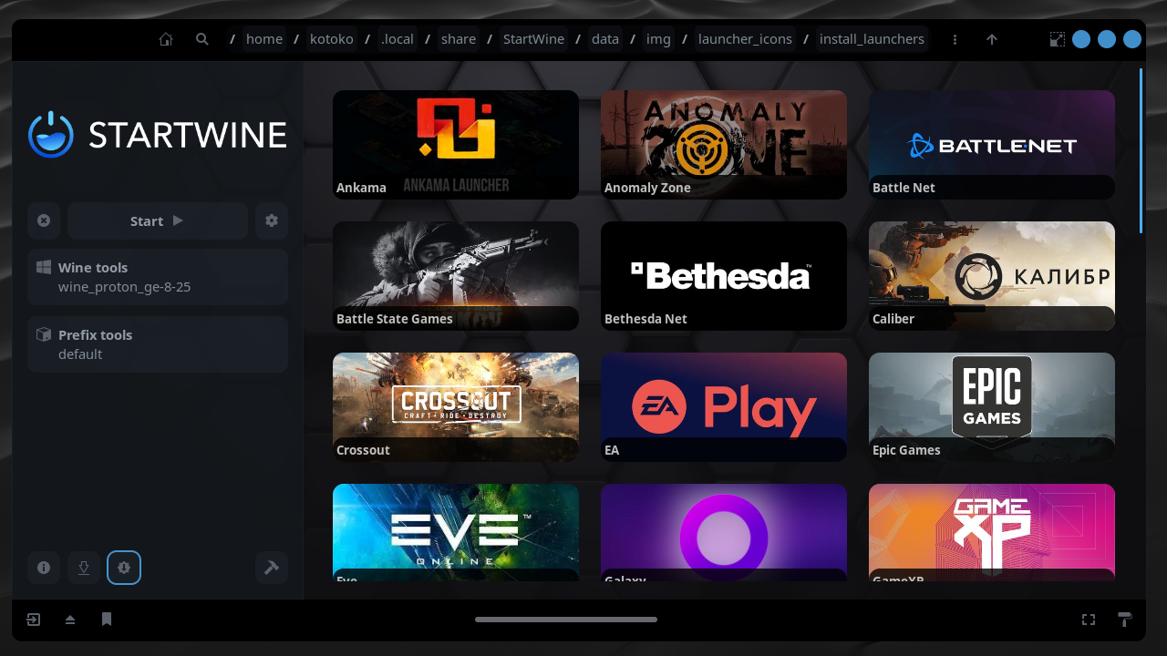 Screenshot do StartWine-Launcher em funcionamento.