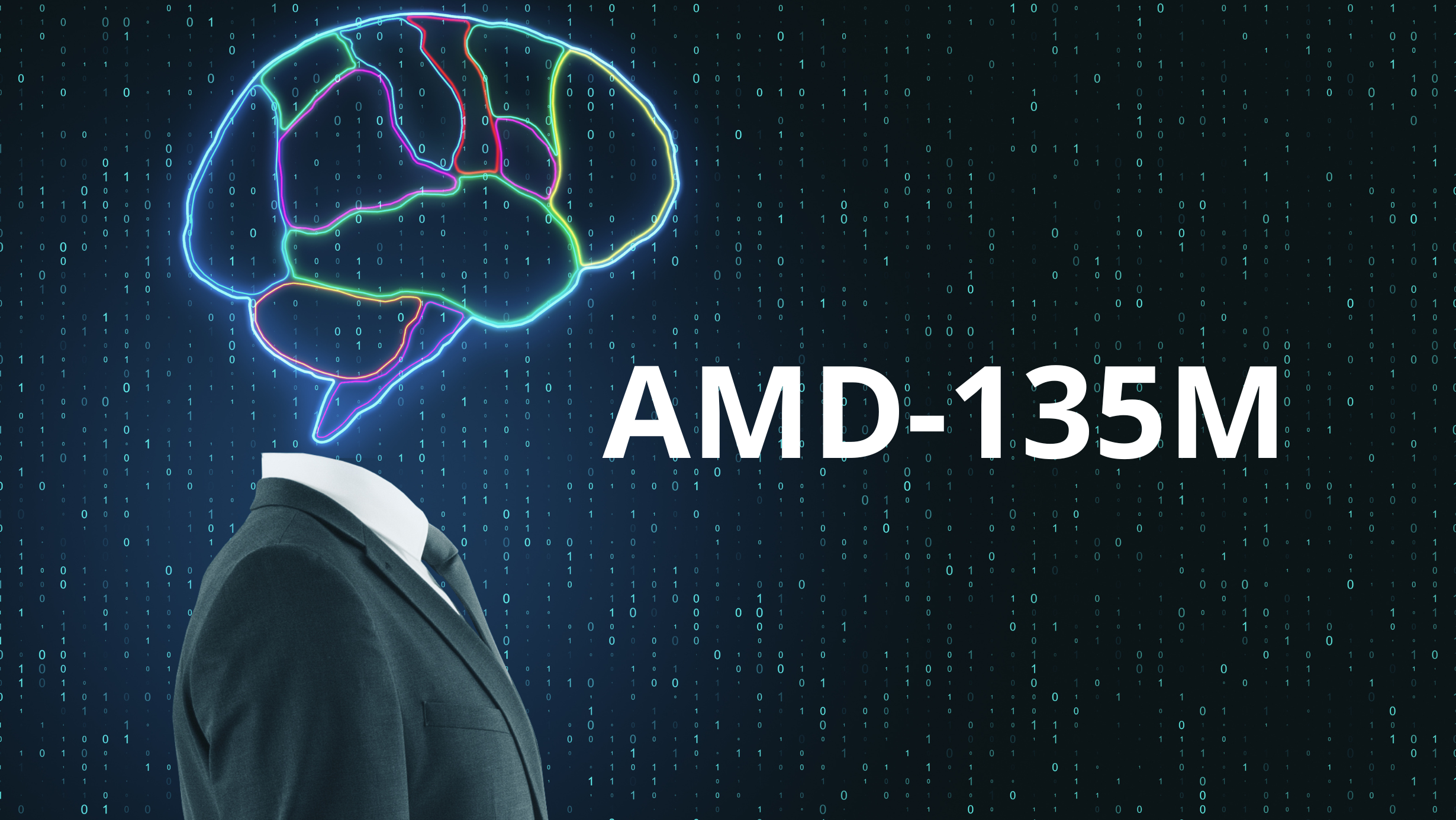 A AMD lança AMD-135M: modelo de linguagem de código aberto 2 Representação visual do modelo de linguagem AMD-135M com cérebro digital e código binário ao fundo