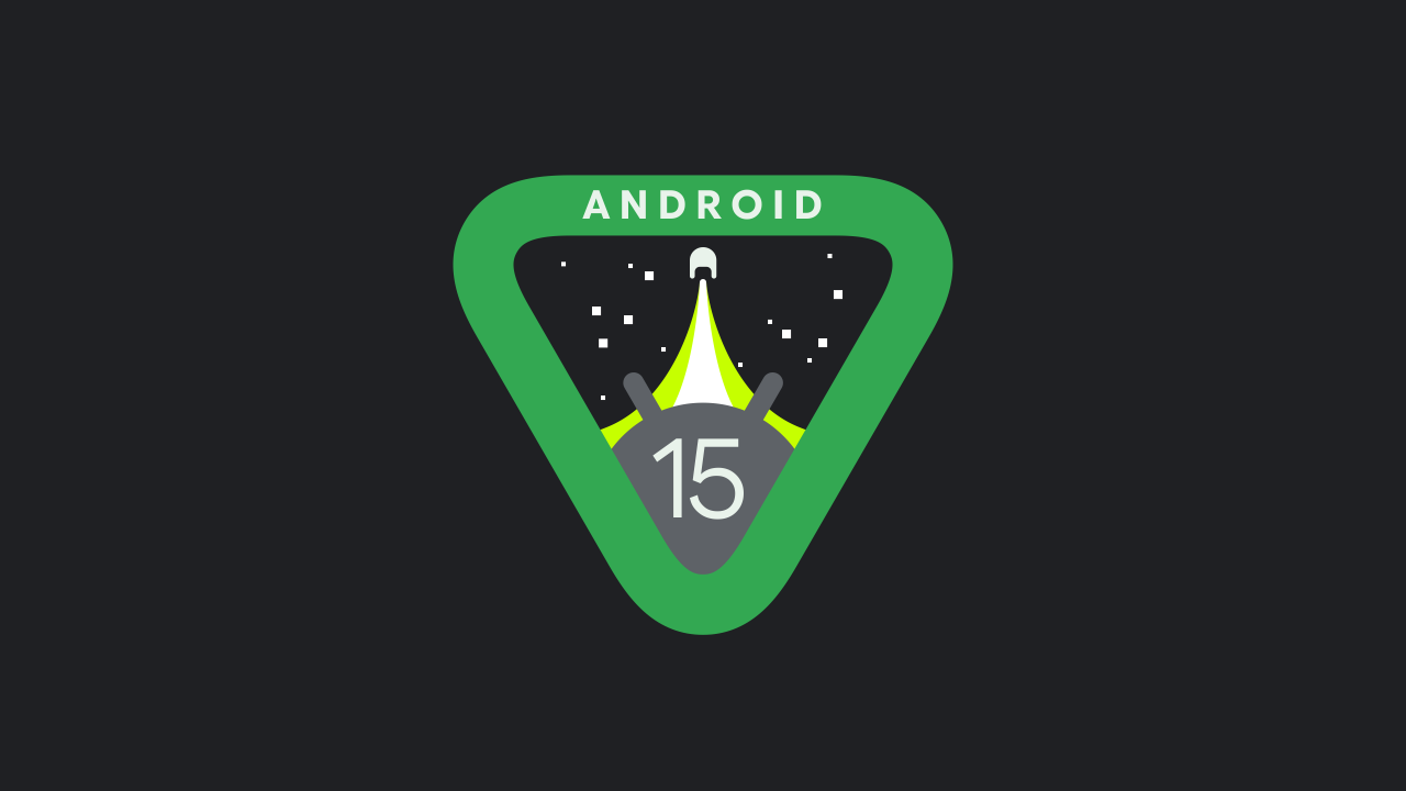 Imagem com fundo preto e a logo oficial do Android 15 ao centro