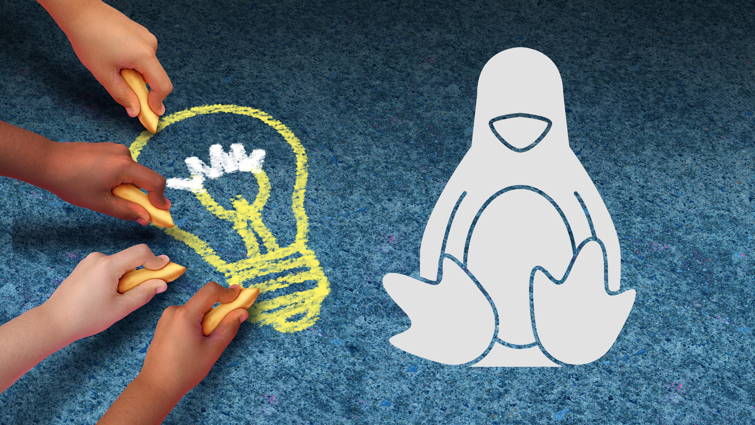Mãos desenhando uma lâmpada colaborativamente ao lado do logotipo do pinguim do Linux, simbolizando a contribuição da comunidade no desenvolvimento do sistema.