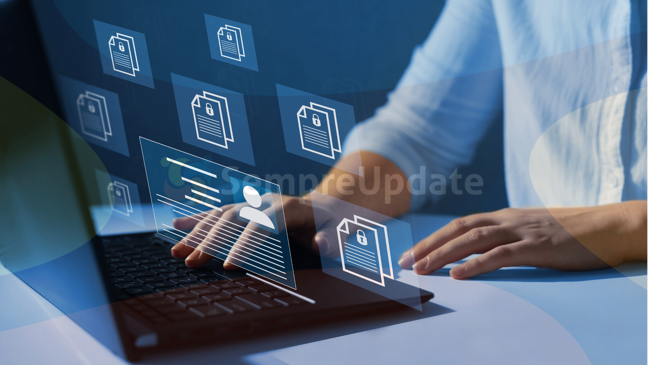 Usuário interagindo com interface virtual de arquivos em um laptop, representando o sistema de arquivos virtual (VFS) no Linux