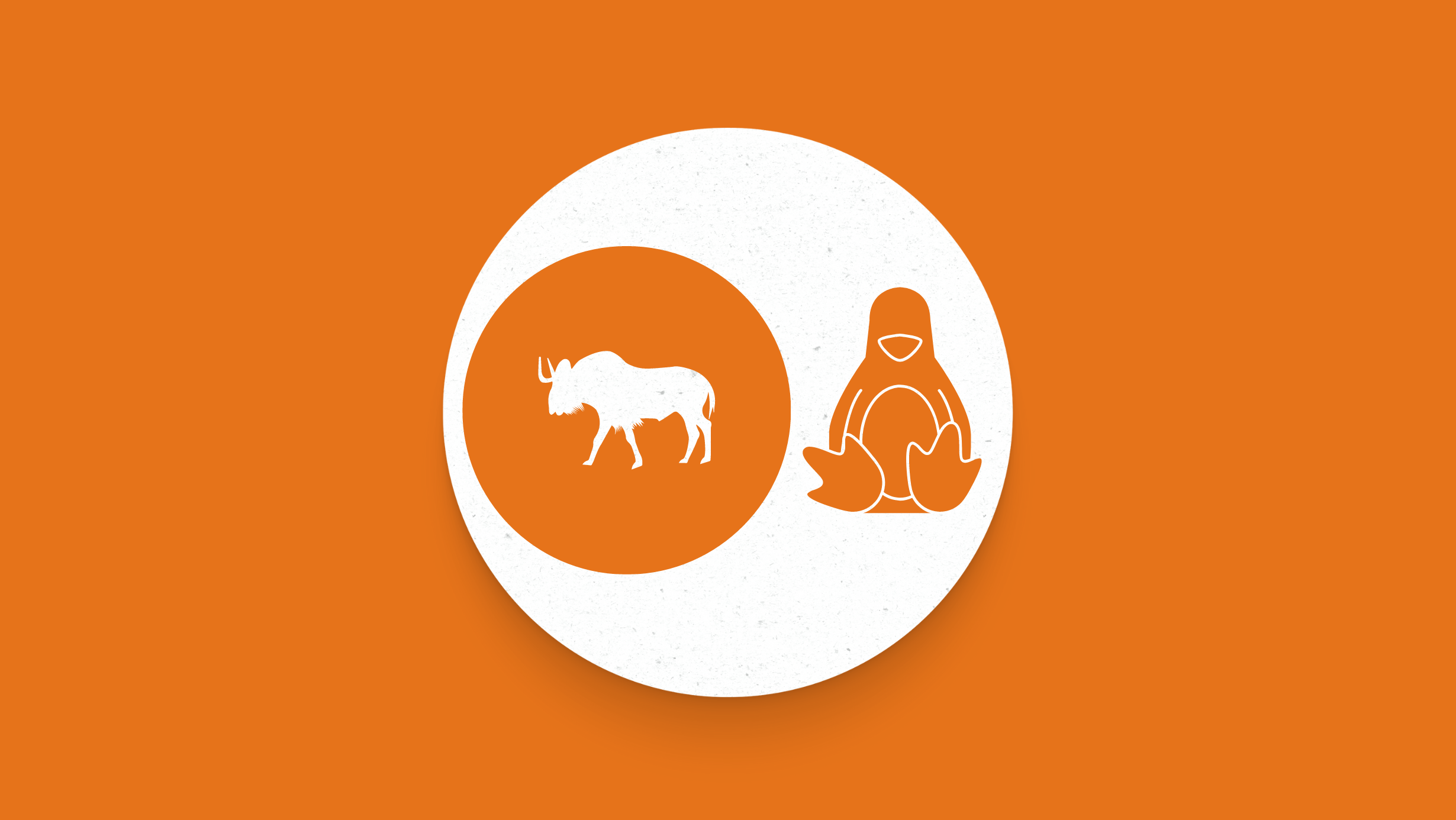 Ícones do GNU e do pinguim Tux representando o Linux Kernel e o GNU Linux-libre em fundo laranja.