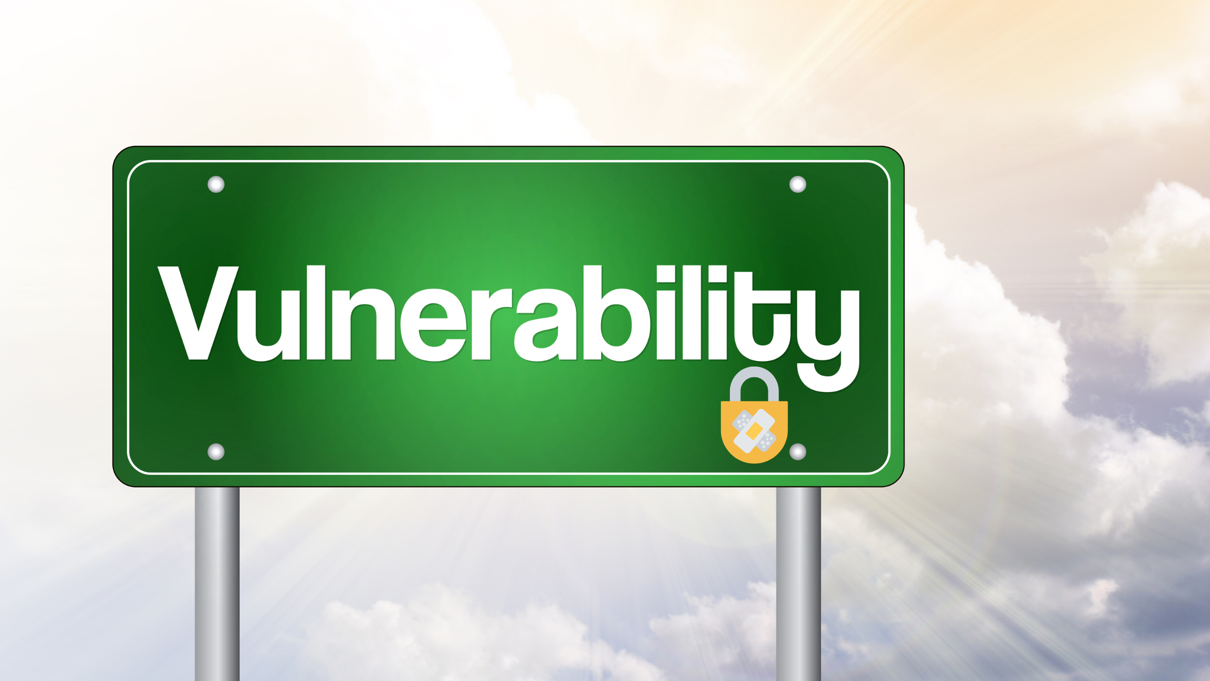 Fundo azul claro com nuvens, um placa verde com o texto vulnerabilidade e um cadeado fechado indiciando que a vulnerabilidade foi corrigida.