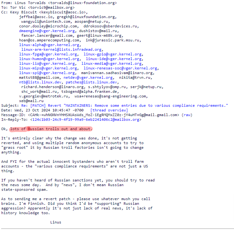 MErxOQaN Re PATCH Revert MAINTAINERS Remove some entries due to various compliance requirements Linus Torvalds 10 23 2024 10 13 PM