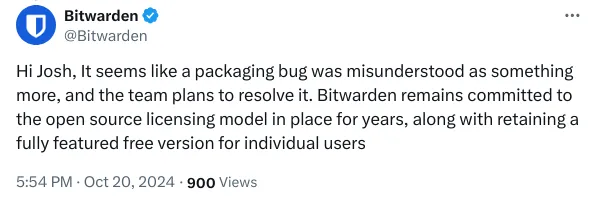 Preocupações sobre Bitwarden: afastamento do código aberto em debate 2 Postagem do Bitwarden no X (antigo Twitter) respondendo a um usuário sobre um problema de bug de empacotamento, reafirmando o compromisso com o modelo de licenciamento de código aberto e mantendo uma versão gratuita para usuários individuais