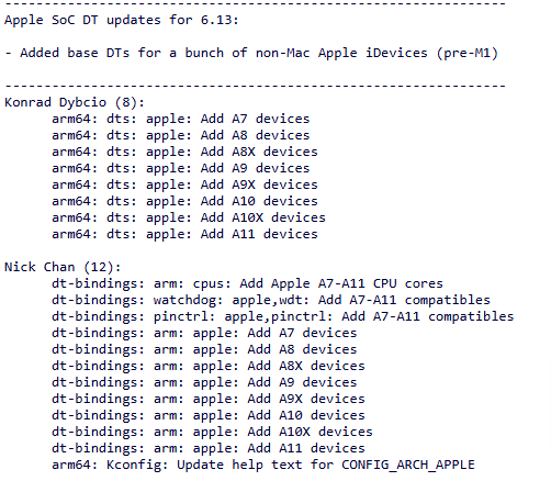 6pLOVUa5 GIT PULL Apple SoC DT updates for v6 13 Hector Martin 11 12 2024 10 08 PM