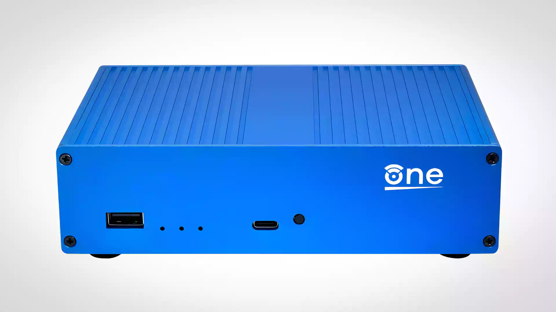 Caixa externa do router OpenWrt One na cor azul, com design minimalista, portas USB e USB-C na parte frontal, representando um dispositivo de hardware livre e personalizável.