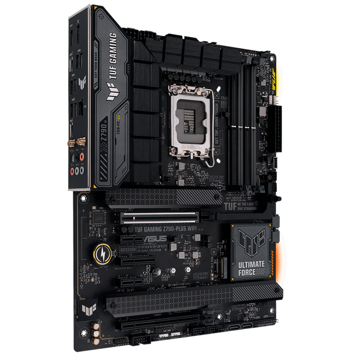 Close-up da placa-mãe ASUS TUF Gaming Z790-Plus WiFi com destaque para conectores traseiros e design durável TUF.
