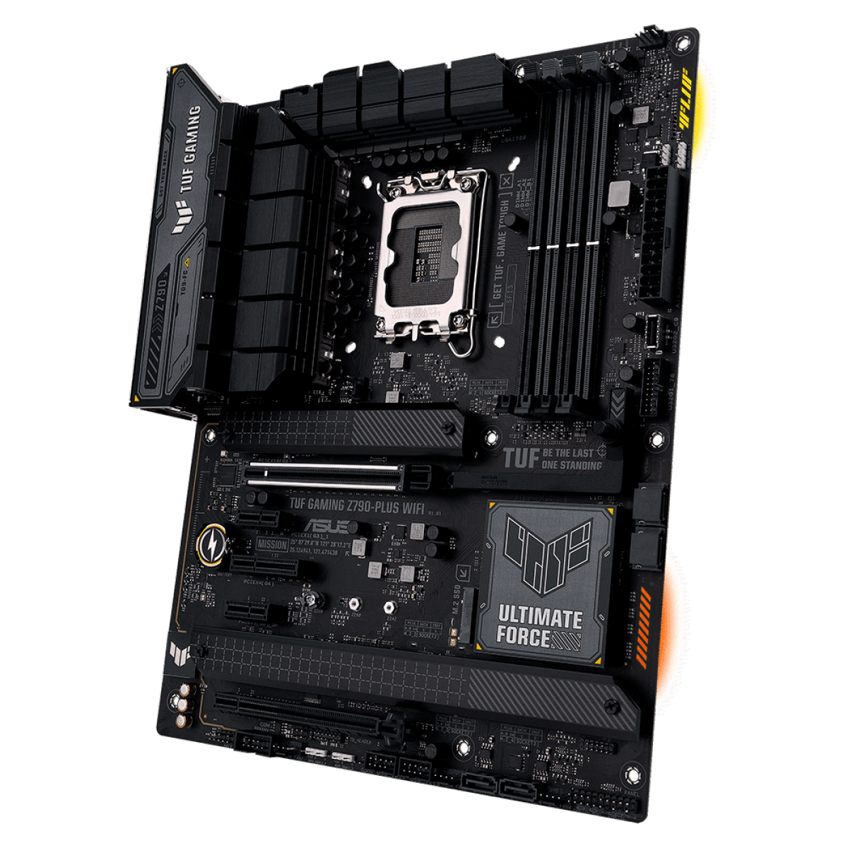 Placa-mãe ASUS TUF Gaming Z790-Plus WiFi em vista angular destacando o layout ATX, dissipadores robustos e socket Intel LGA 1700.