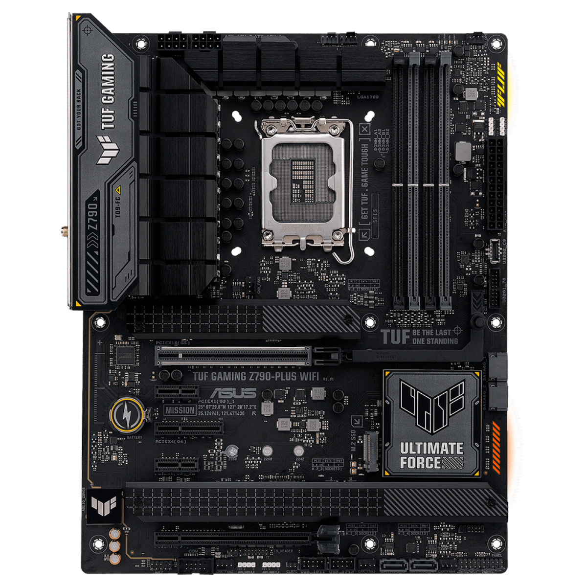 Vista superior da ASUS TUF Gaming Z790-Plus WiFi, mostrando as conexões, slots de memória DDR5 e detalhes do design Ultimate Force.
