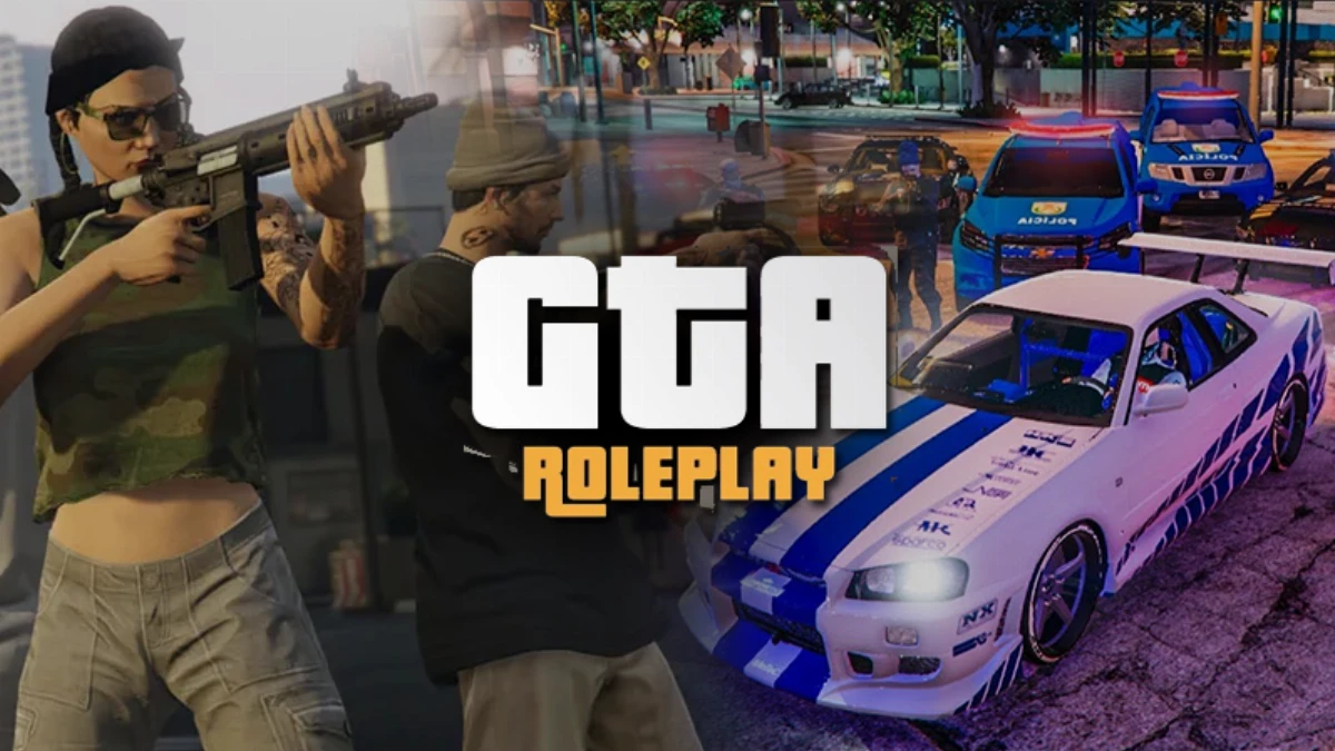 Imagem ilustrativa com personagens de GTA RP em ambiente urbano e elementos visuais de roleplay como chat, regras e sinalizações de infrações