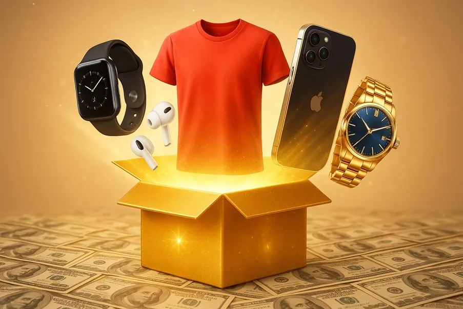 a box with a shirt and a watch and a watch