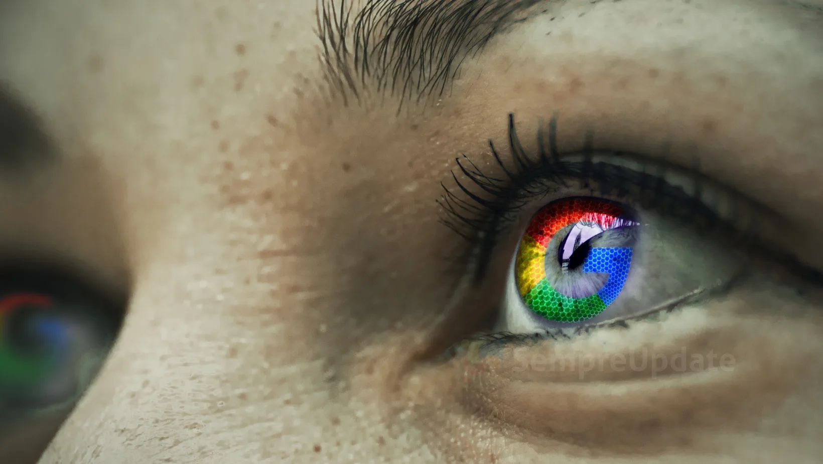 Ilustração de uma lupa sobre a caixa de busca do Google com robôs ao fundo