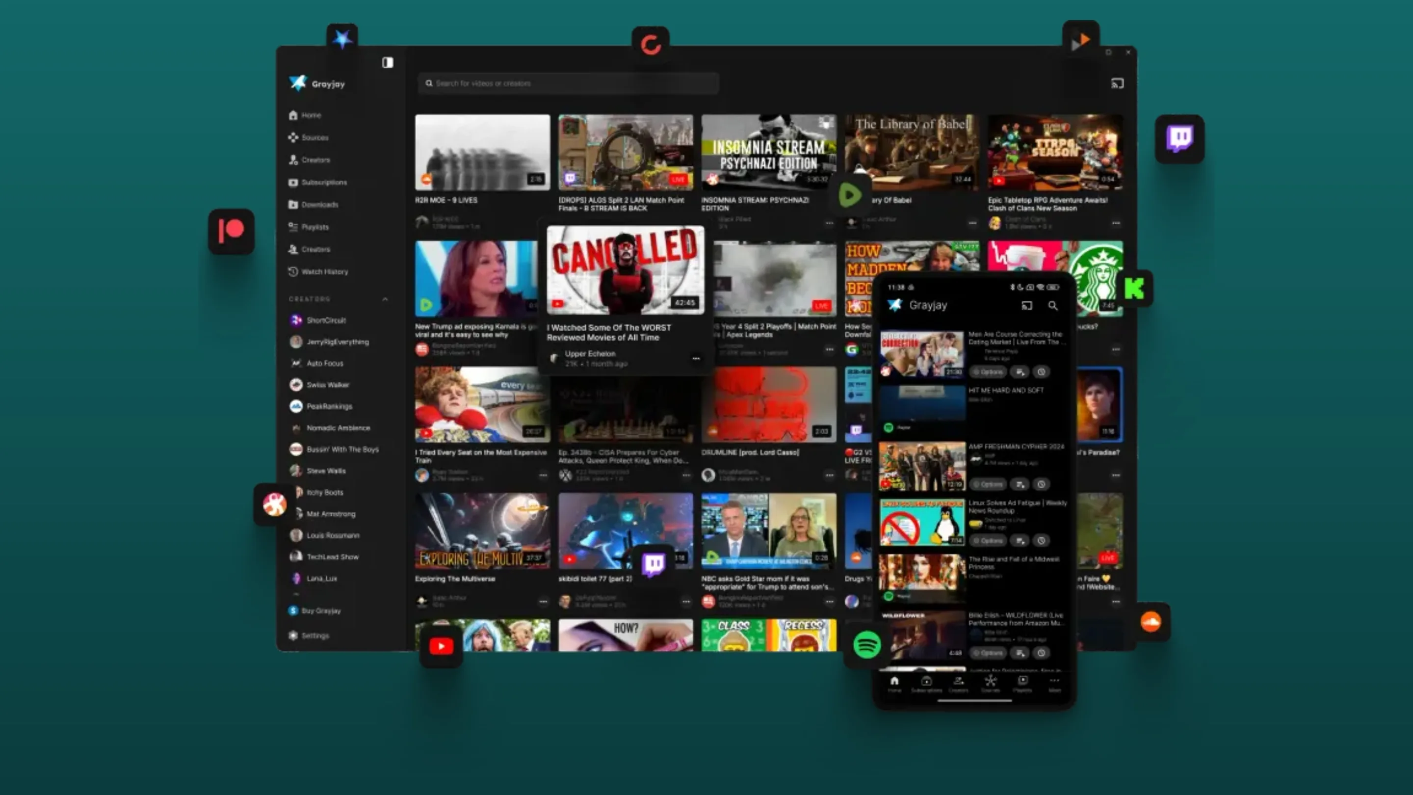 Instale o GrayJay Desktop, um agregador de feeds de vídeo, no Ubuntu, Fedora, Debian e outras distribuições Linux com Flatpak 2 Imagem com a interface do Grayjay Desktop