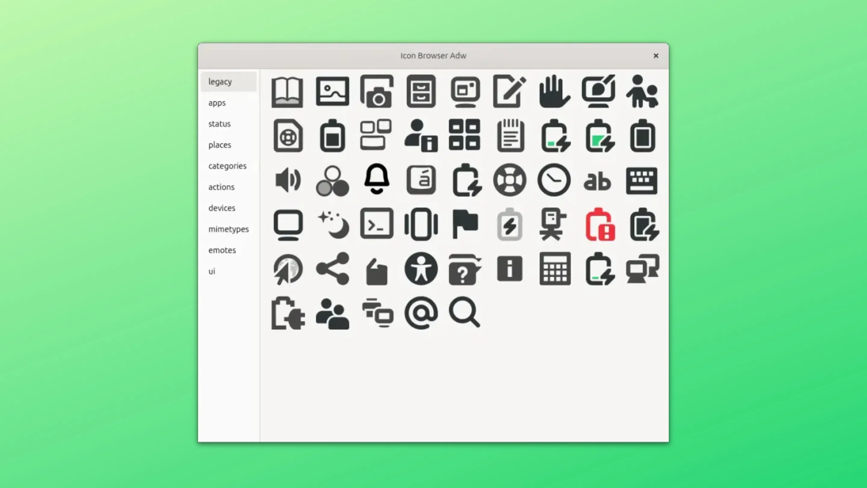 Instale o Icon-browser-adw no Ubuntu, Fedora, Debian e outras distribuições Linux com Flatpak 2 Imagem com a interface do Icon Browser ADW
