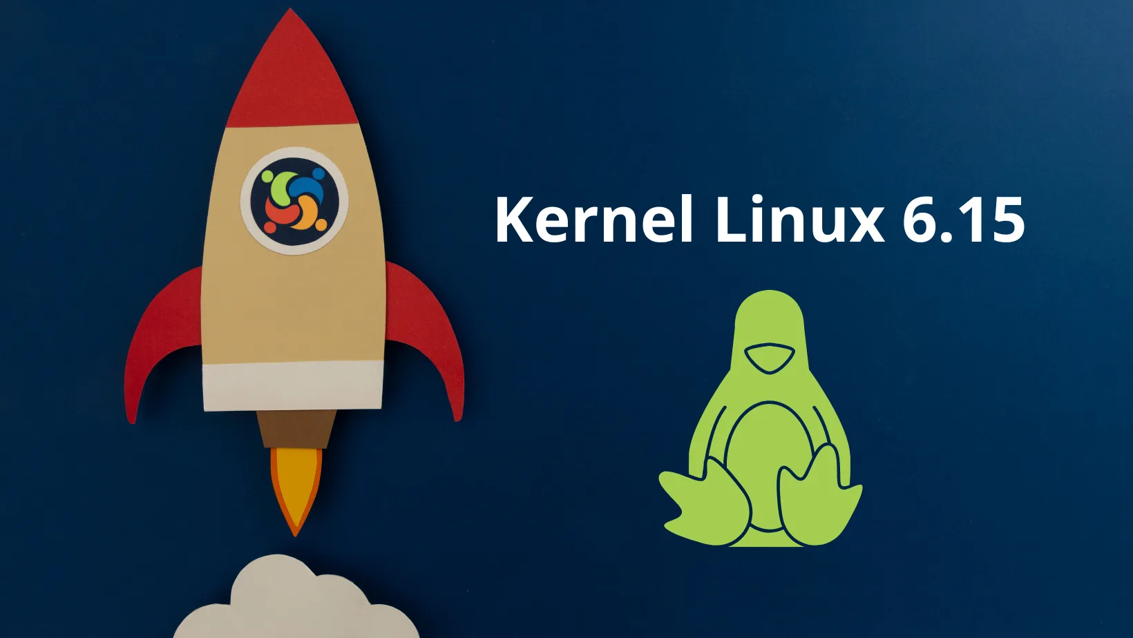Imagem com foguete decolando indicando o lançamento do Linux 6.15 e a logo do tux ao lado.